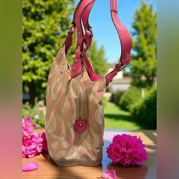 Coach F21920 Op Art Dotted Ashley Hobo Shoulder Bag Khaki Pink Branded Keychain - Picture 12 of 16